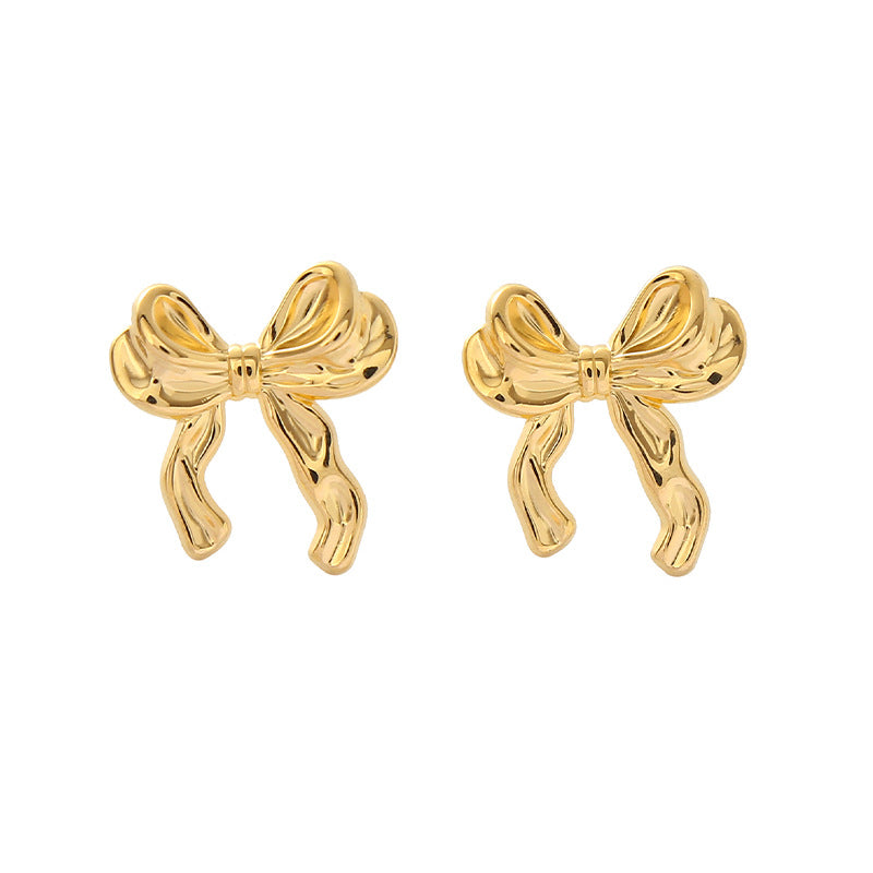 Wholesale French 18k Gold Stainless Steel Titanium Ribbon Bow Earrings
